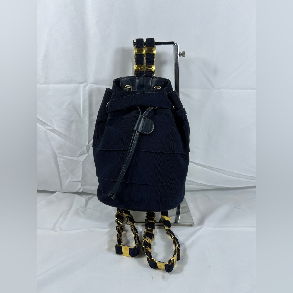 3130: Vintage Salvatore Ferragamo Navy Grosgrain Chain Backpack